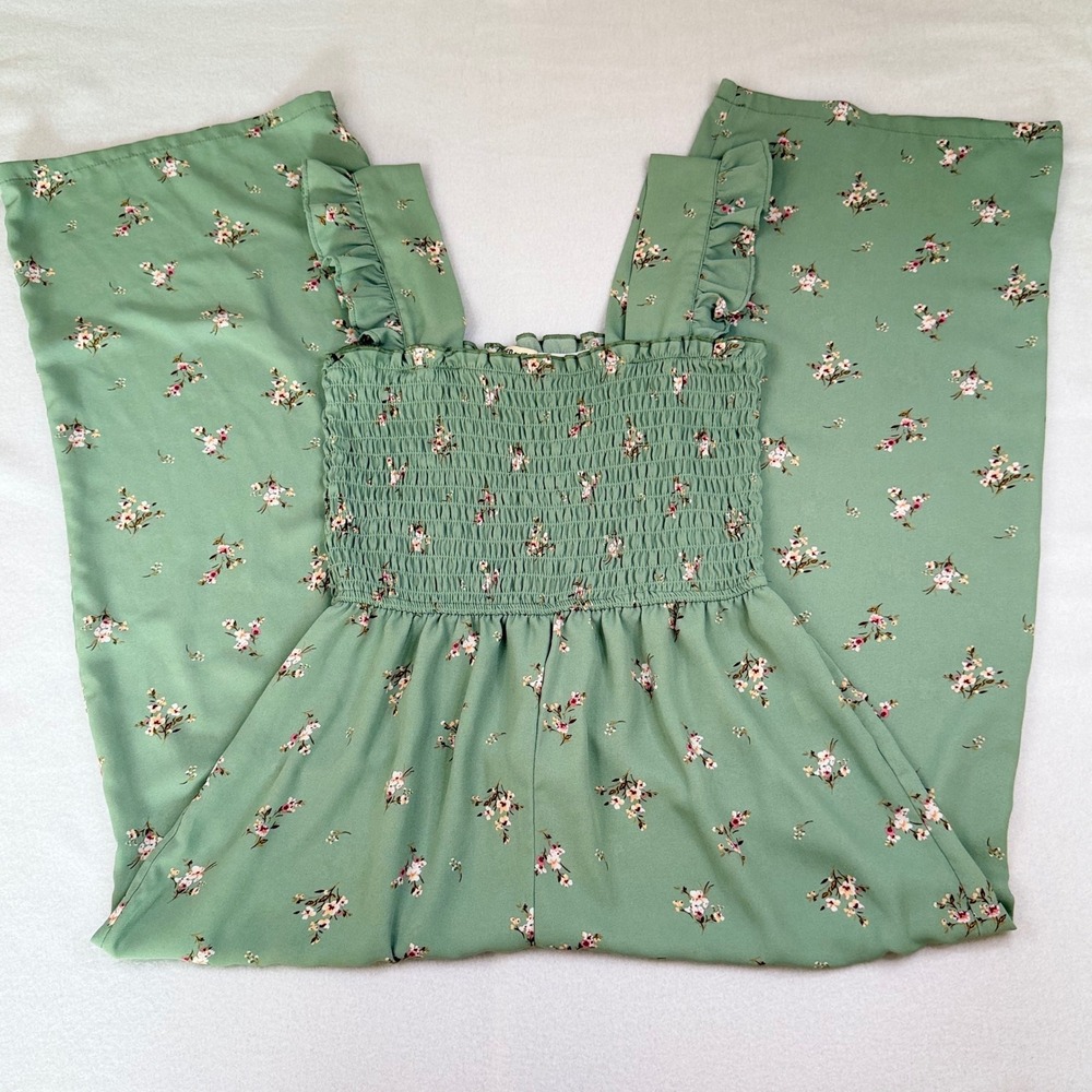 Inspired Hearts Sage Green Floral Smocked Ruffle Wide Leg Jumpsuit Medium